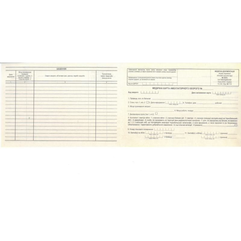 Медична карта амбулаторного хворого, комплект (ф.025/о), А5, офсет, 1+1, 6 арк.